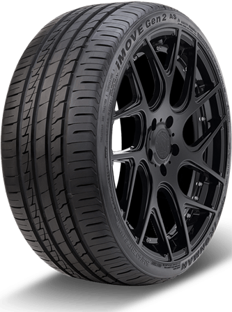 Black sports car tire with glossy black multi-spoke alloy wheel on a white background