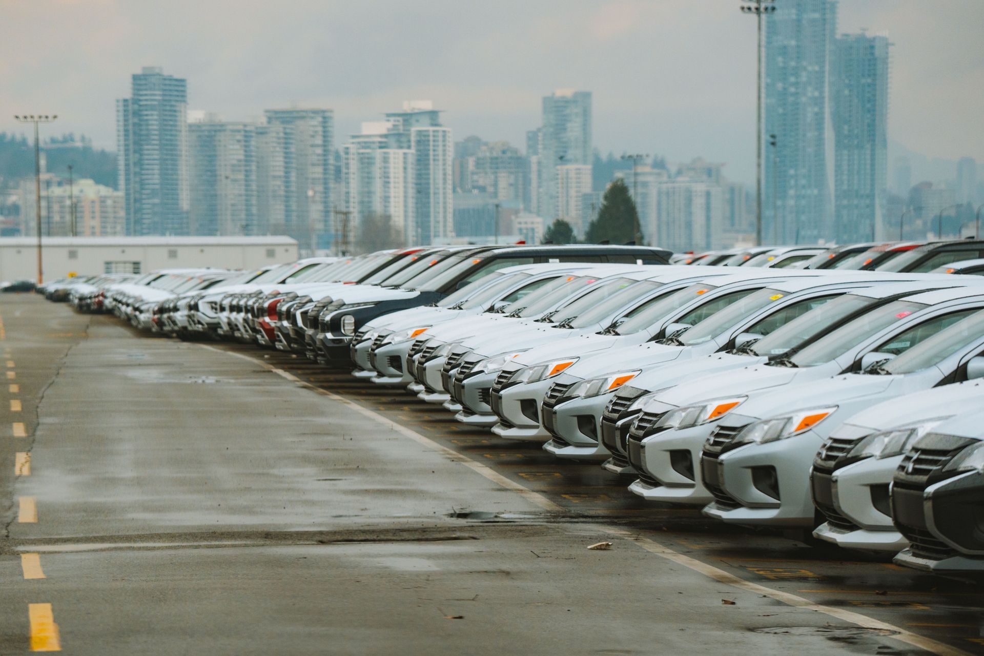 Rows of white cars lined up on a wet lot with a city skyline in the background