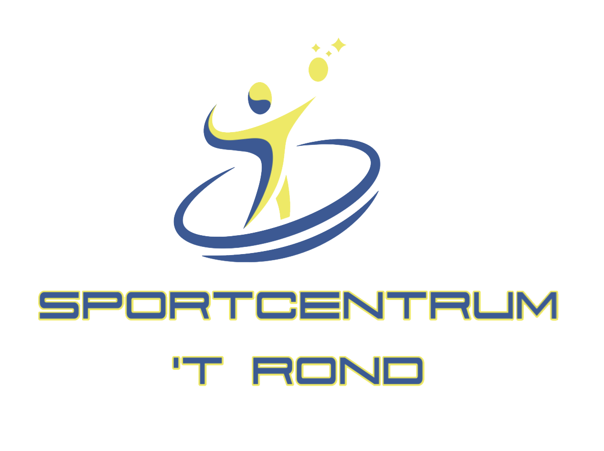 Logo voor Sportcentrum 't Rond met een gele figuur in blauwe bogen, met daaronder tekst.