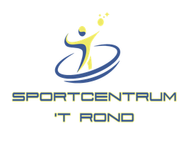 Logo voor Sportcentrum 't Rond met een gele figuur in blauwe bogen, met daaronder tekst.