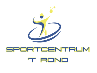 Logo voor Sportcentrum 't Rond met een gele figuur in blauwe bogen, met daaronder tekst.