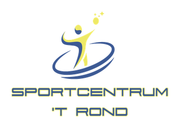 Logo voor Sportcentrum 't Rond met een gele figuur in blauwe bogen, met daaronder tekst.