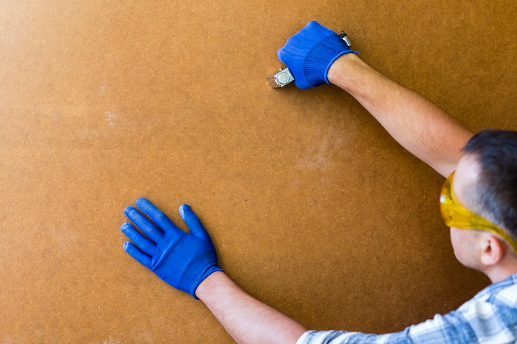 Man sanding a brown surface, wearing blue gloves and safety glasses.