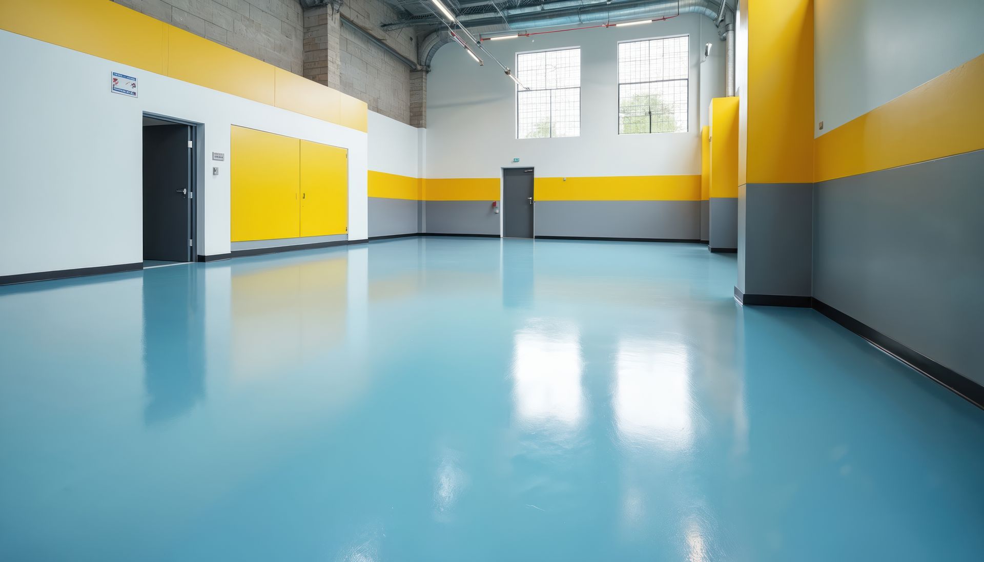 Une pièce vide avec un sol bleu, des murs gris, une rayure jaune et plusieurs portes et fenêtres.