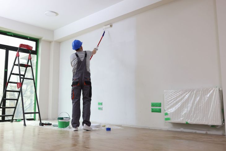 Une personne peint un mur blanc au rouleau ; une échelle et un seau de peinture se trouvent à proximité, dans une pièce.