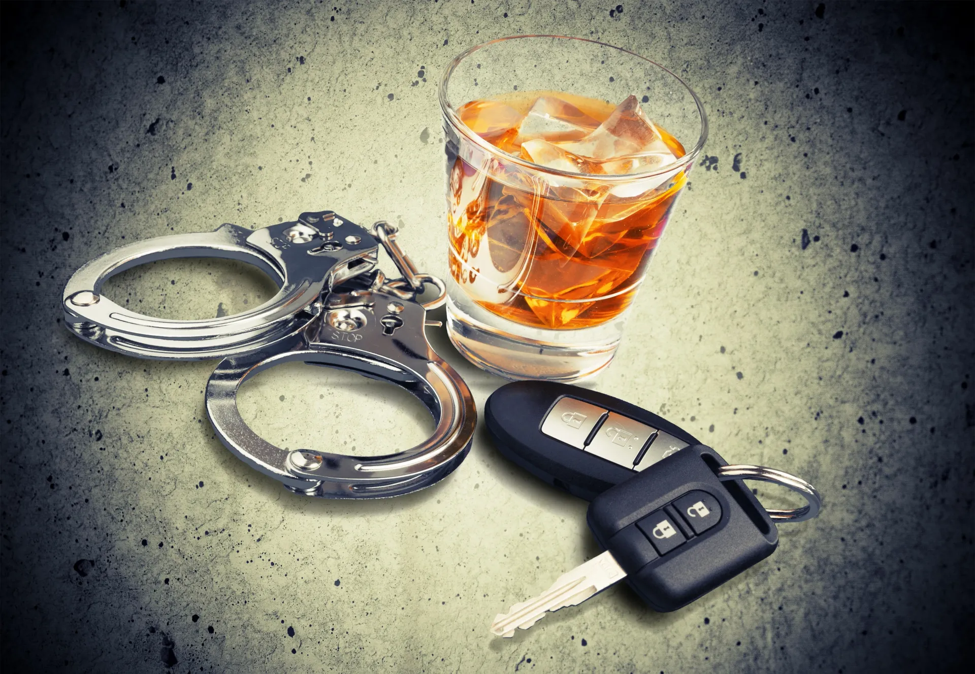 Handcuffs, a car key fob, and a glass of whiskey on a gray surface, suggesting drunk driving.