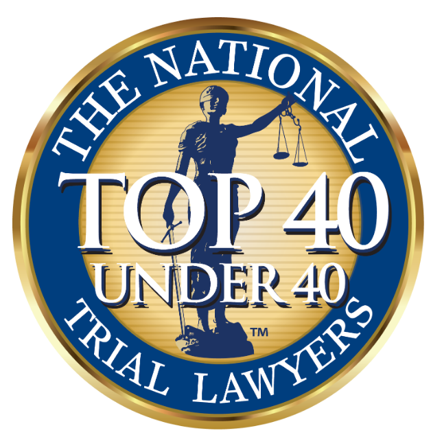 The National Trial Lawyers: Top 40 Under 40 award badge with the Statue of Justice.