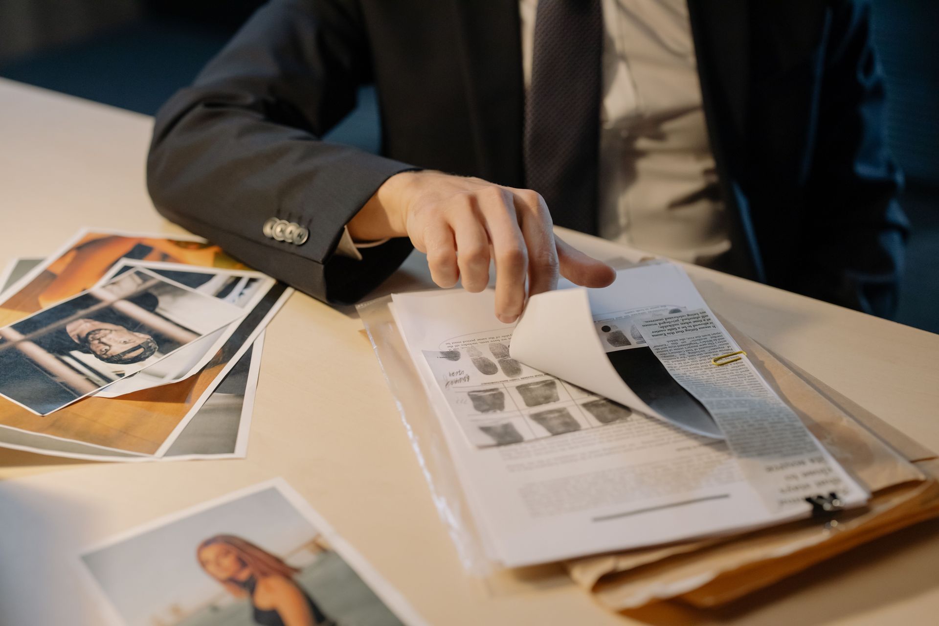 Person in a dark suit flipping through a photo book at a desk with printed photos spread nearby