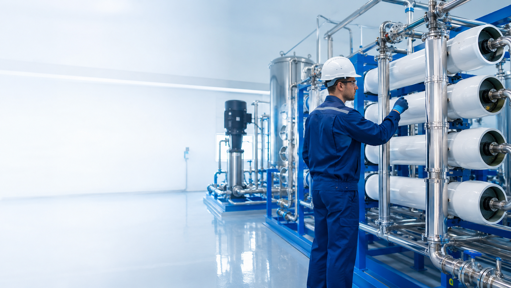 Ingeniero con mono azul inspeccionando un sistema de filtración de agua en una planta industrial luminosa.