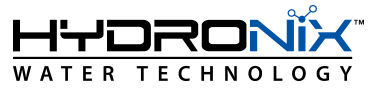 Logotipo de HydroNix Water Technology. Texto en negro y azul con un icono científico.