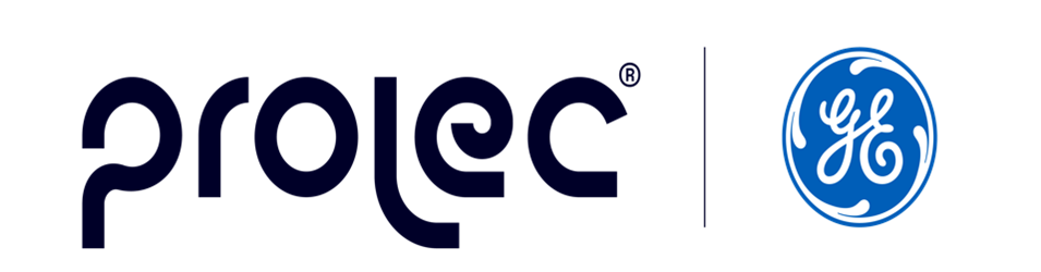 Logotipo de Prolec GE, texto azul oscuro de Prolec con símbolo registrado y logotipo de GE en un círculo azul.