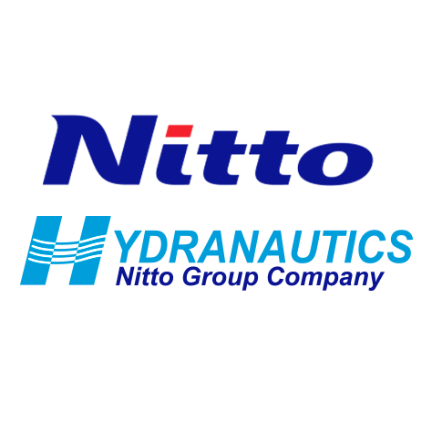 Logotipo de Nitto Hydranautics: texto azul de Nitto con un punto rojo arriba; texto azul de Hydranautics debajo, con logotipo azul.