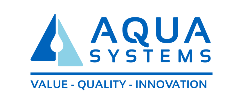 Logotipo para Aqua Systems: Triángulo azul con gota de agua y texto