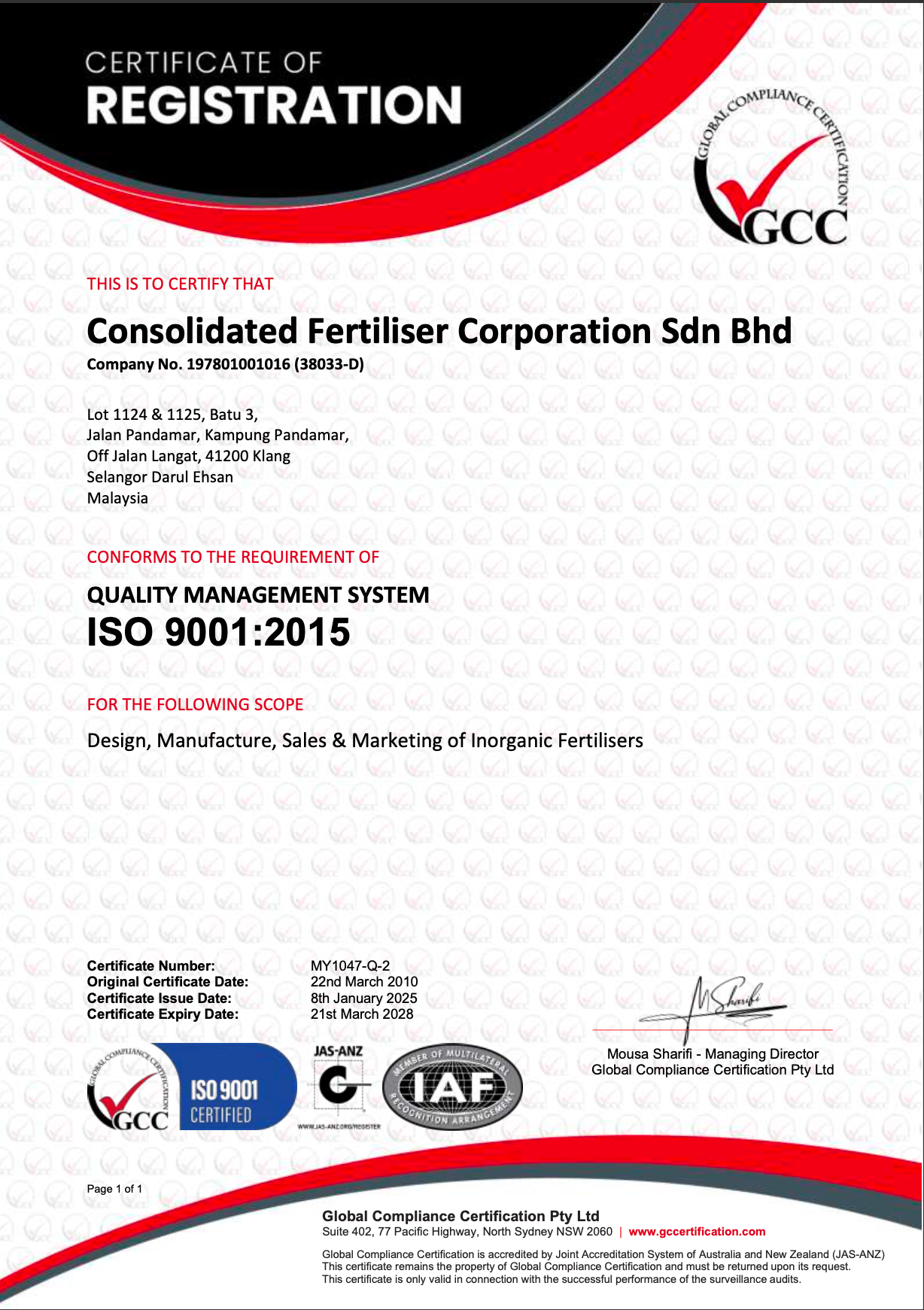 A certificate of registration for consolidated fertilizer corporation sdn bhd