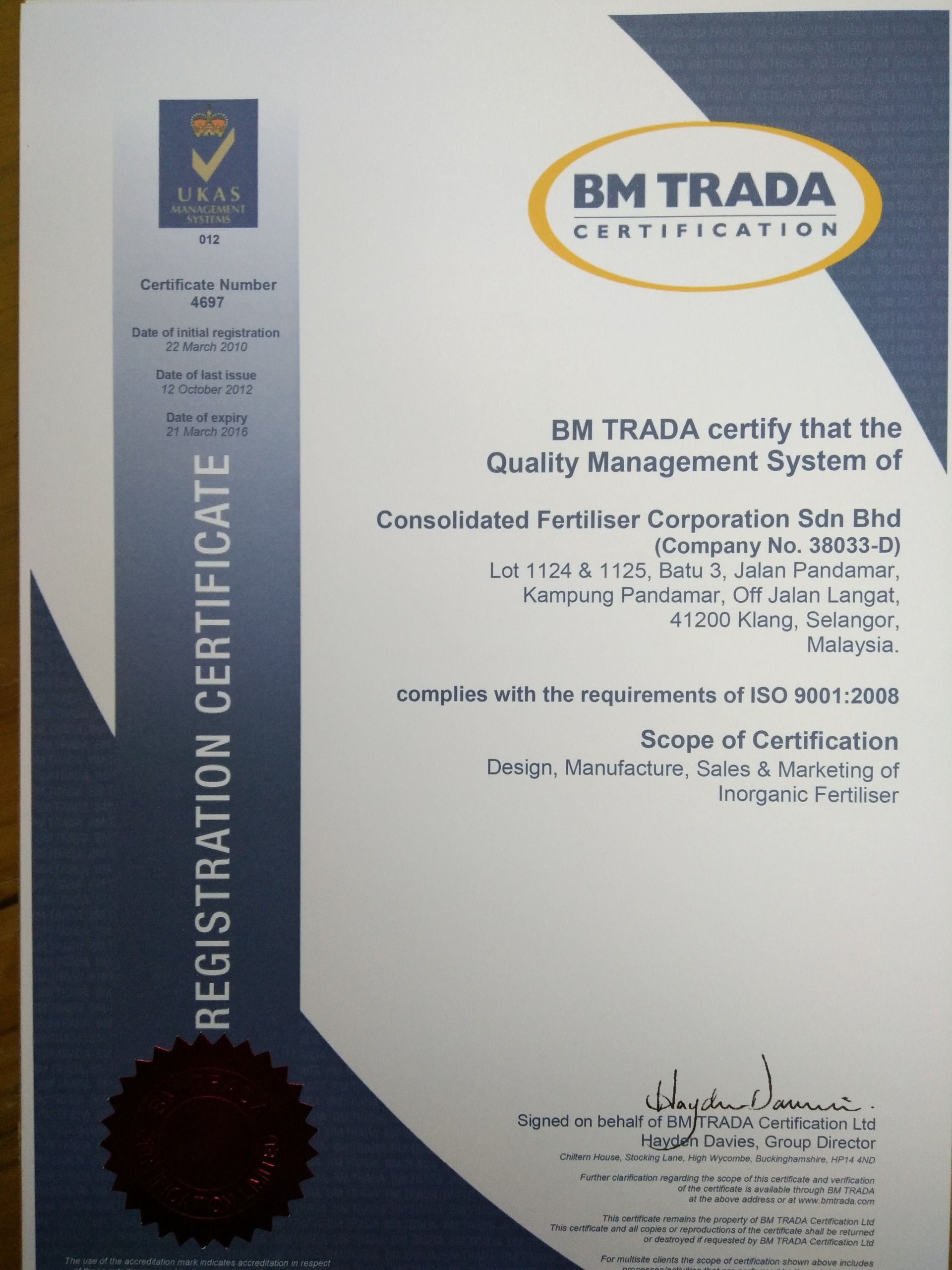A certificate that says bm trada on it