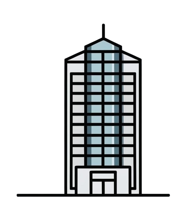 白色背景上有很多窗户的高层建筑的线条画。