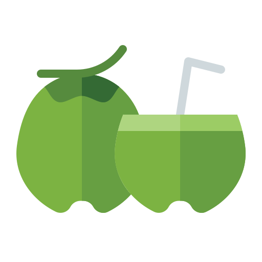 Two coconuts and a glass of coconut water with a straw.