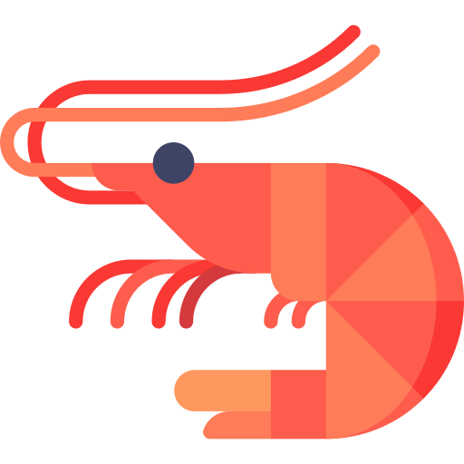 A red shrimp with long legs and a blue eye on a white background.
