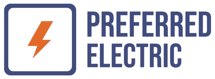Logo for Preferred Electric. Square with an orange lightning bolt inside a blue border. Blue text reads "PREFERRED ELECTRIC".
