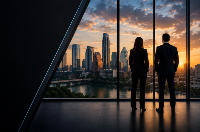 Modern office with city skyline view, desk, laptop, and K Growth Partners logo on the wall