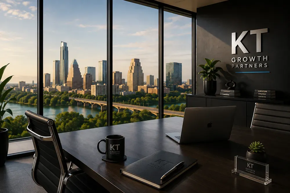 Modern office with city skyline view, desk, laptop, and K Growth Partners logo on the wall