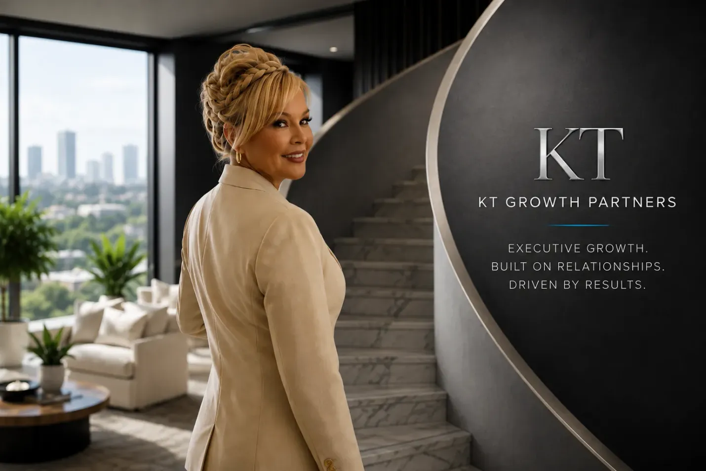 Woman in a beige blazer standing by a staircase in a modern office lobby with “KT Growth Partners” sign
