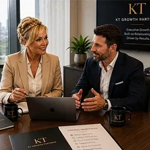 Two businesspeople in a meeting at a desk with laptops and branded mugs in a modern office