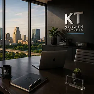 Modern office with city skyline view, laptop on desk, and KT Growth Partners branding on the wall