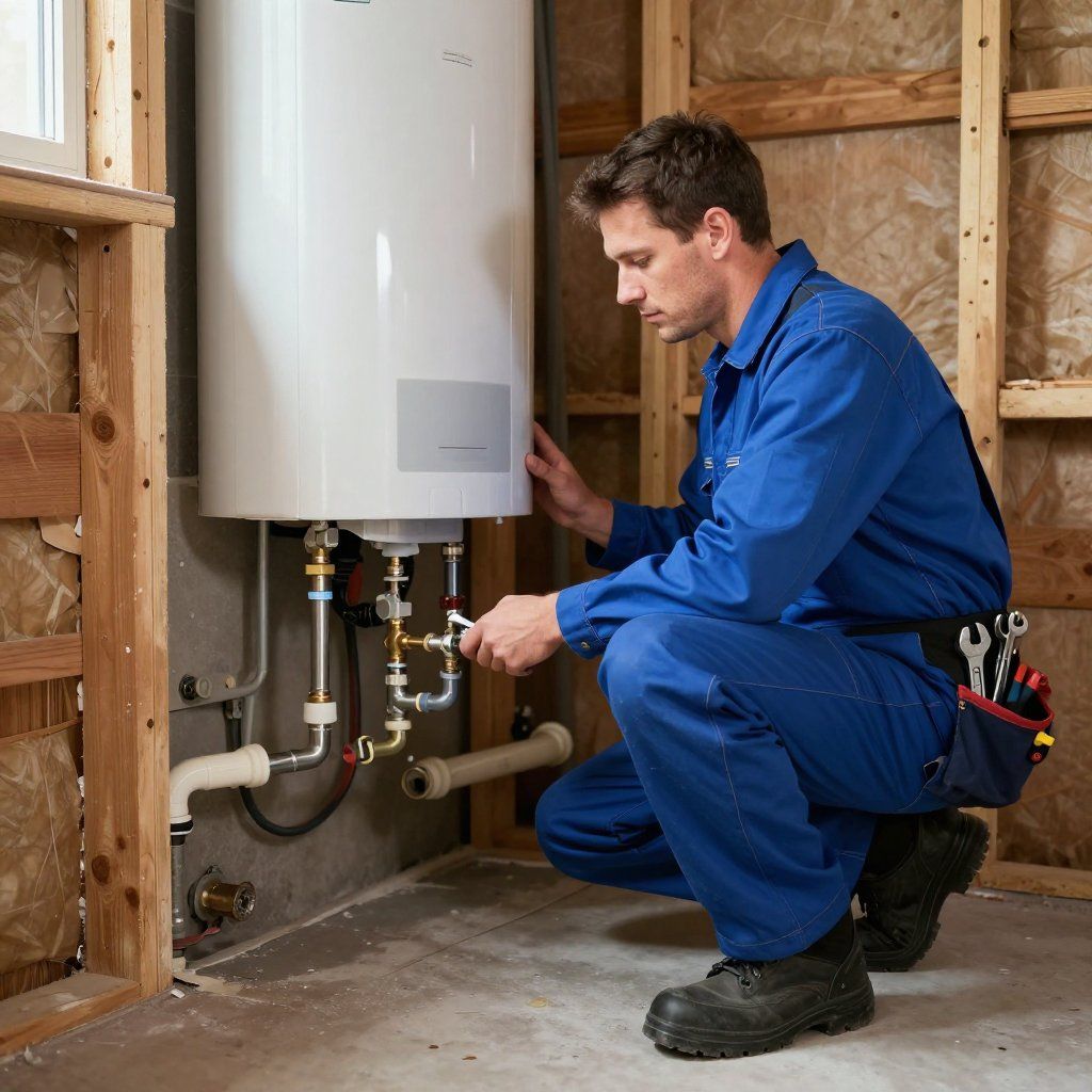 Technician in blue coveralls inspecting a wall-mounted water heater in an unfinished room
