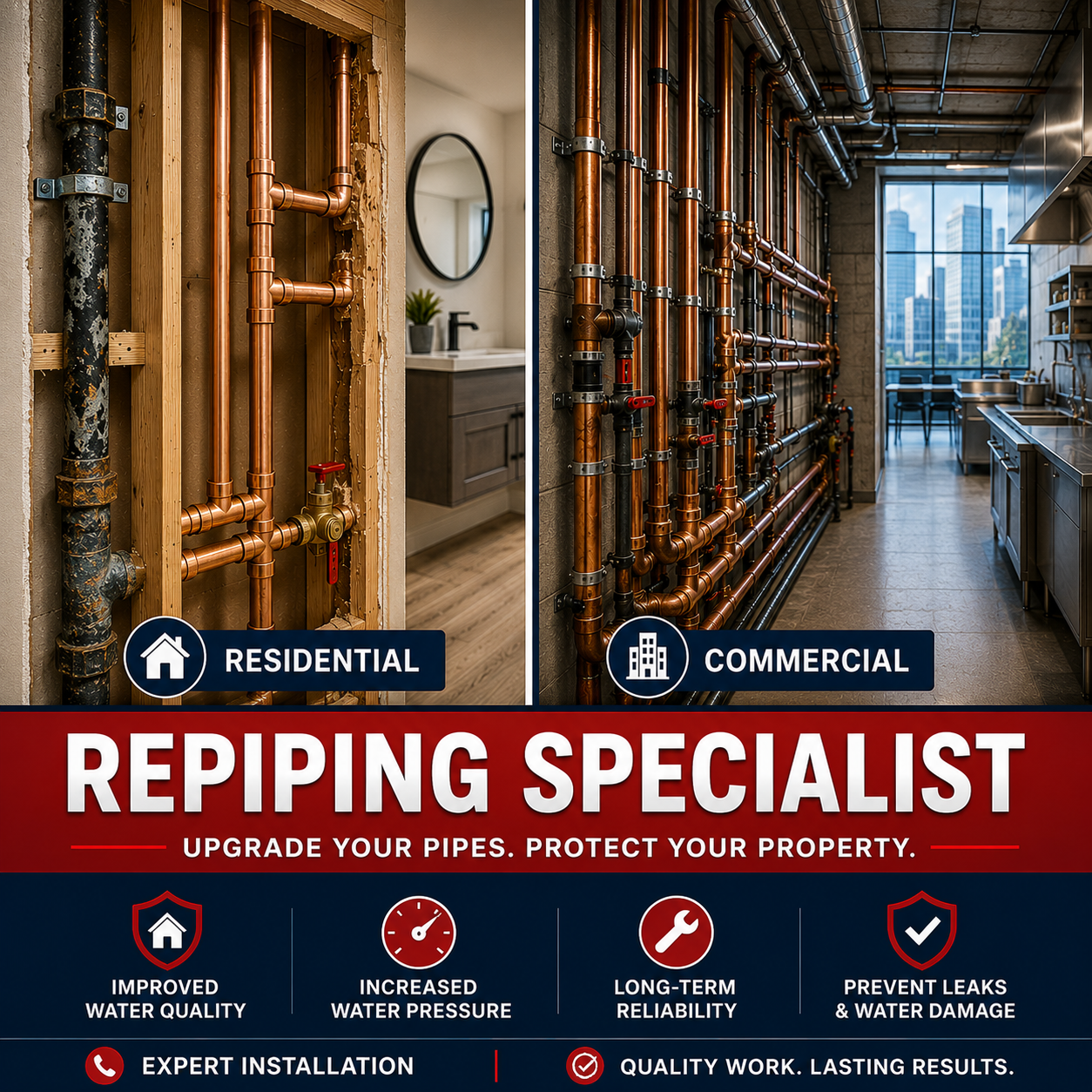 Plumber in blue gloves repiping residential plumbing. White text: