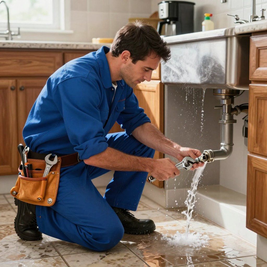 Plumber in blue coveralls repairing a leaking kitchen pipe under the sink, with water spraying onto the floor.