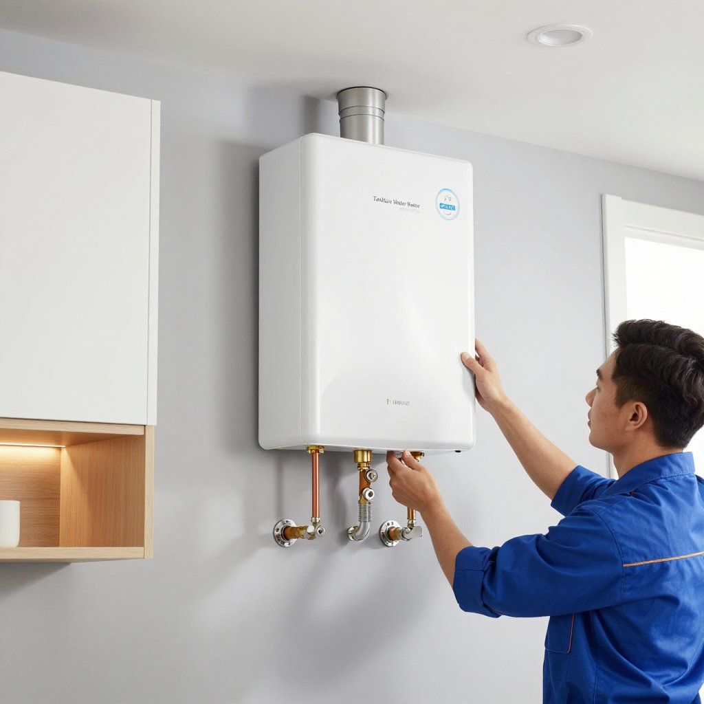 Technician in blue uniform inspecting a wall-mounted white boiler in a bright kitchen