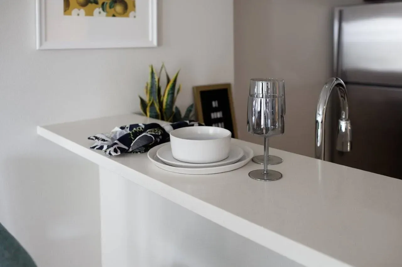Kitchen counter with place setting, decorative plant, and wine glasses.
