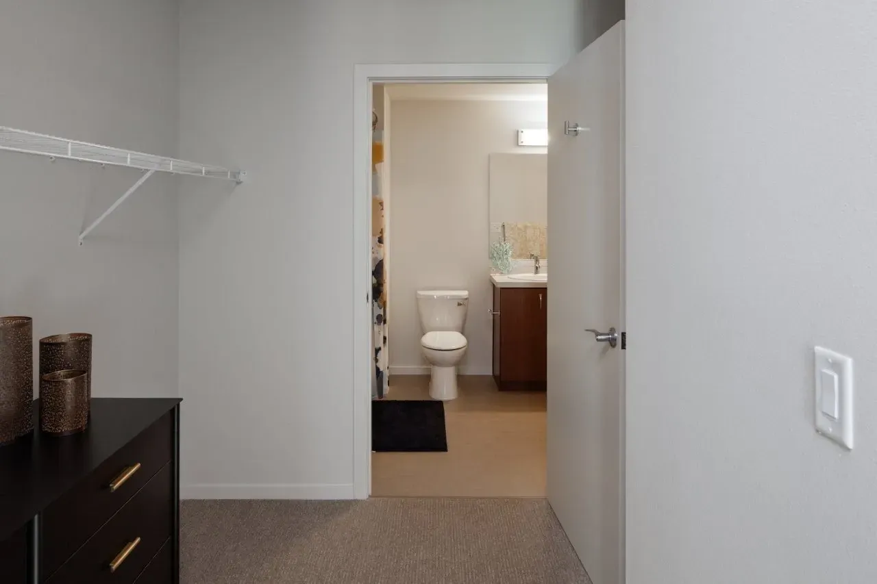 View into a bathroom with a toilet and vanity from a bedroom closet.