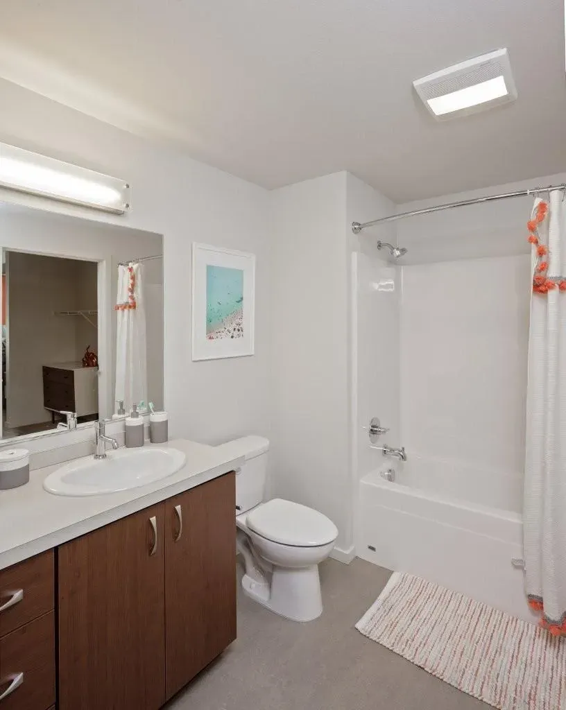 Modern bathroom with vanity, toilet, and shower/tub combo.