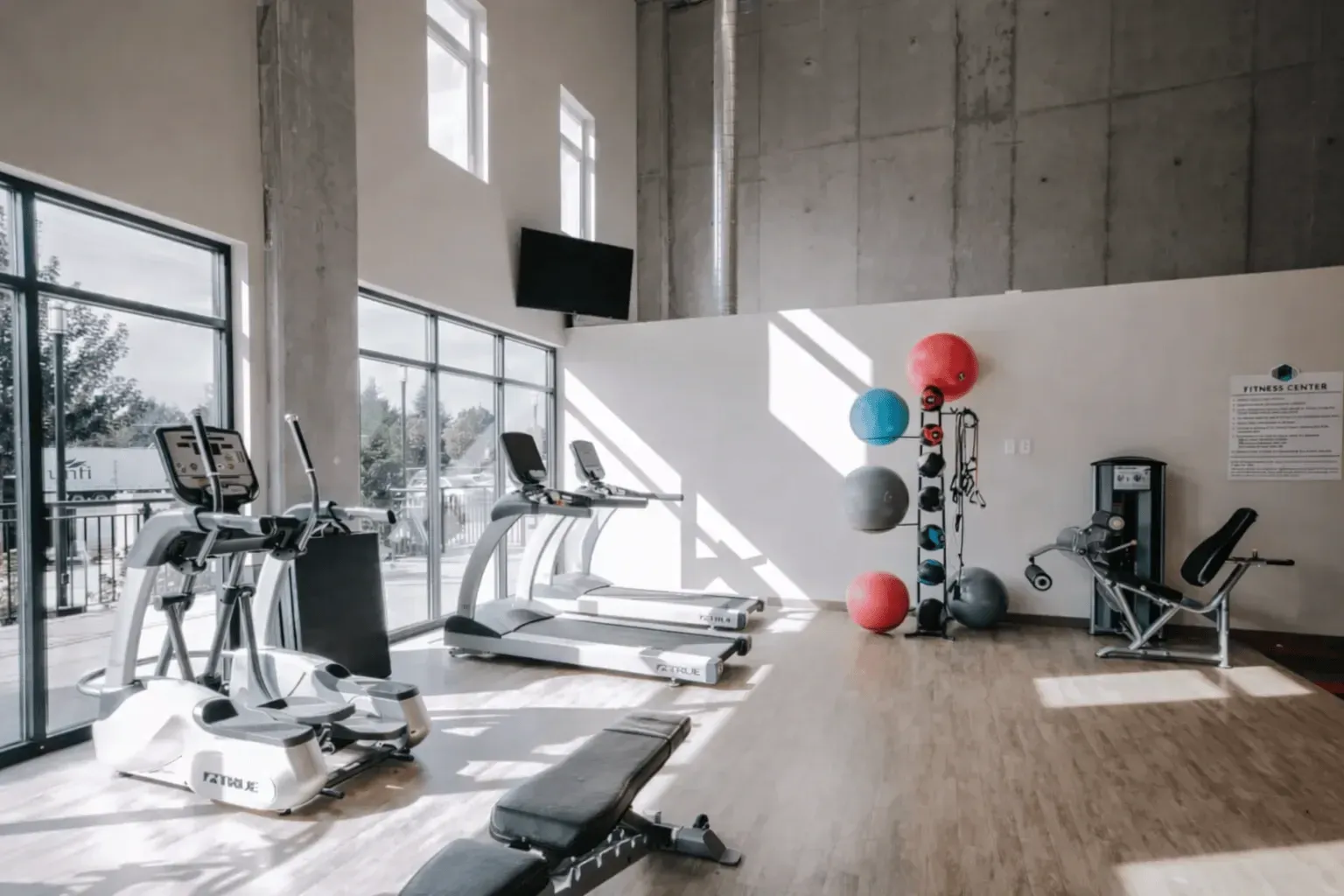Modern fitness center with treadmills, ellipticals, weight machines, and exercise balls.
