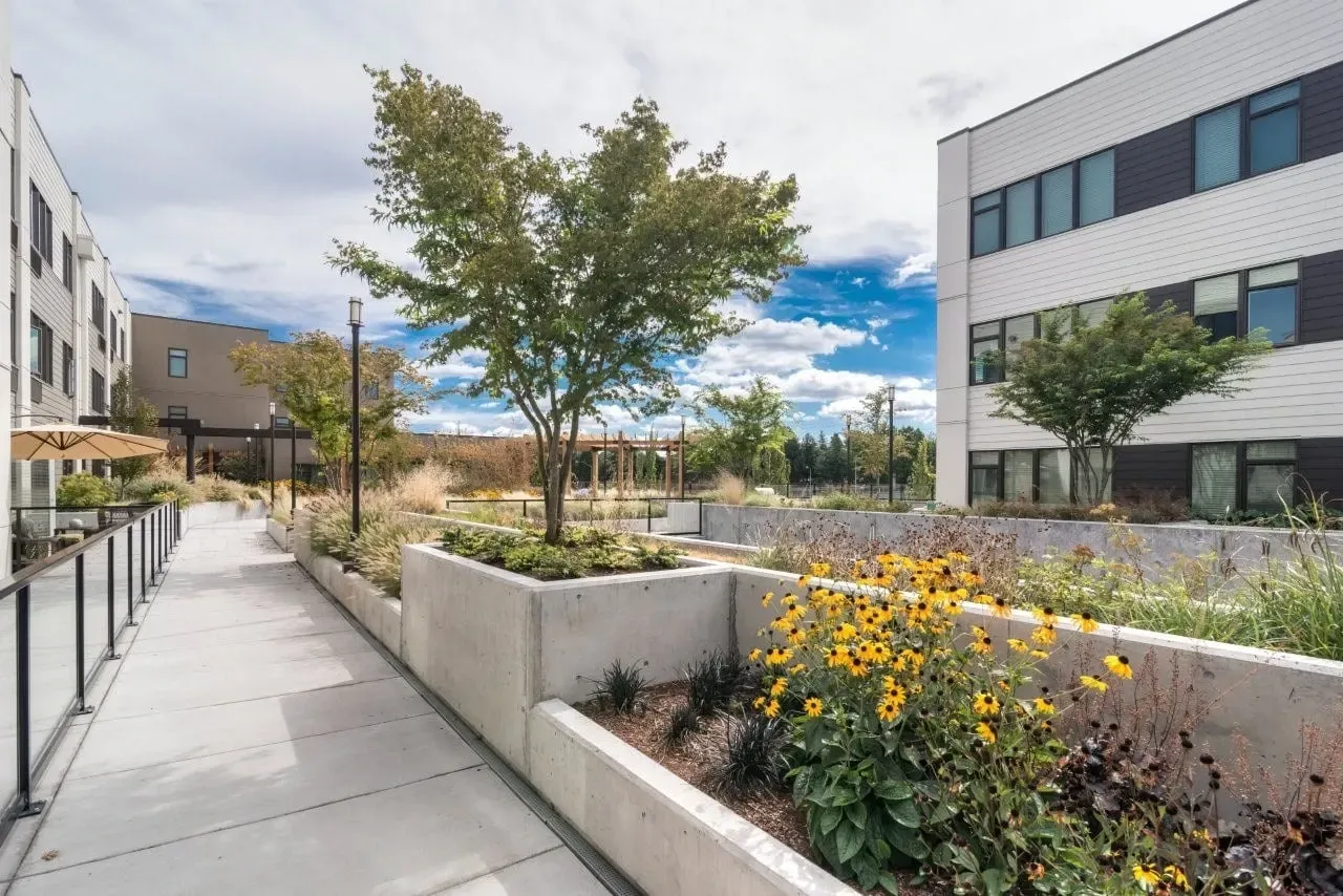 Modern apartment building courtyard with concrete planters, greenery, and a walkway.