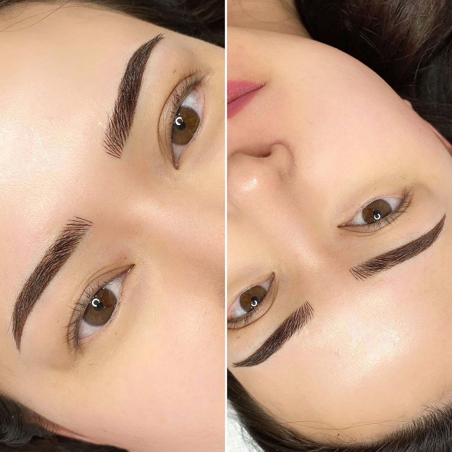 Close-up of a face with bold dark eyebrows, shown in a mirrored split view.