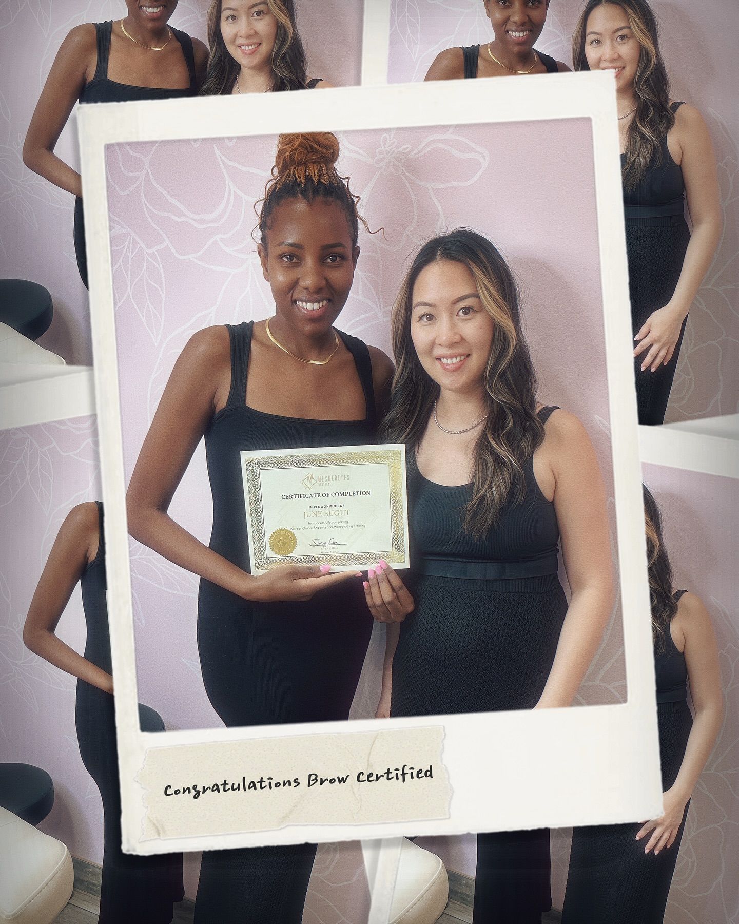 Two women pose holding a certificate in a white photo frame with a congratulatory caption.