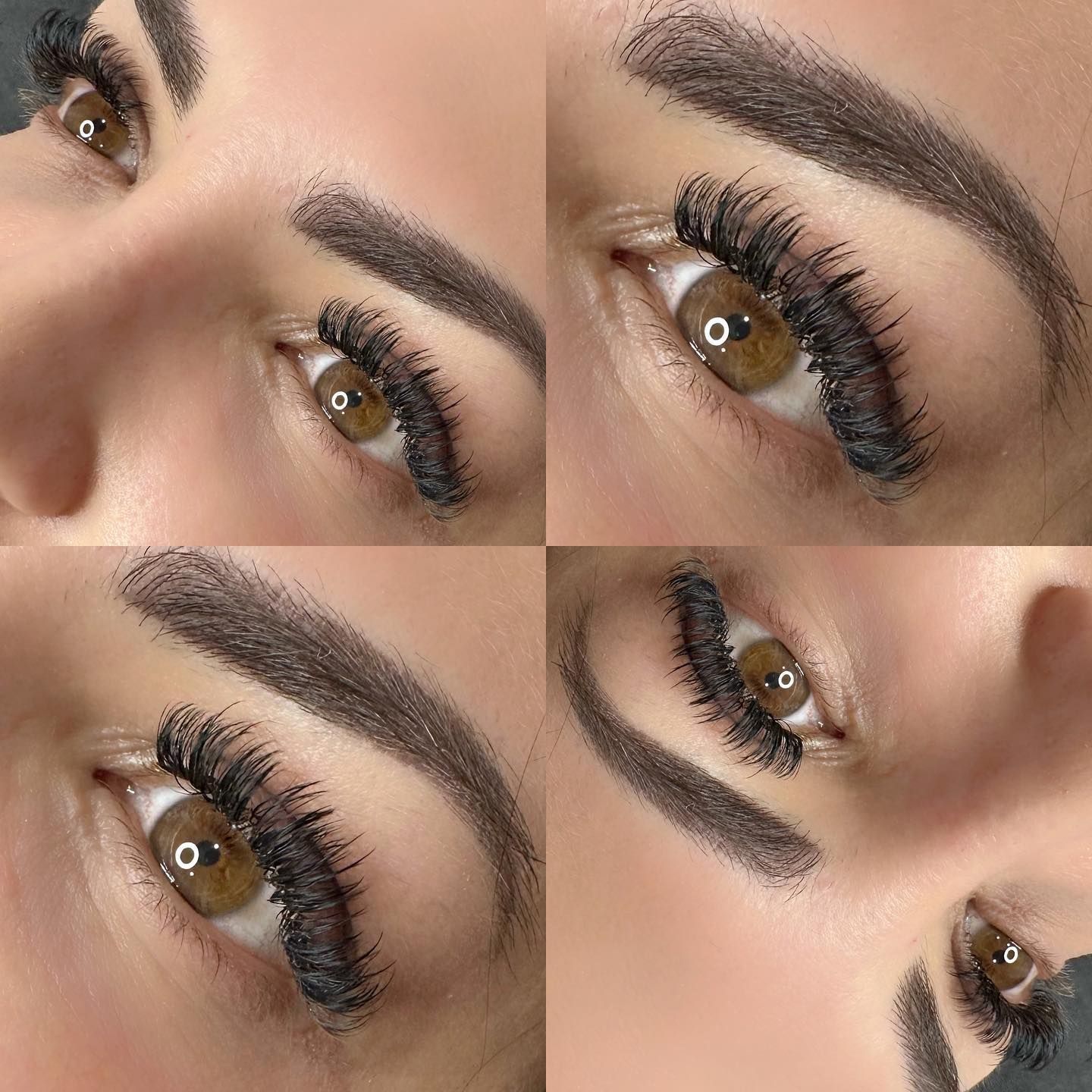 Close-up collage of a brown eye with thick brows and dramatic long eyelashes.