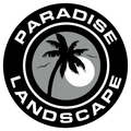 Paradise Landscape logo: black and white circular design with palm tree silhouette, sun, and text.