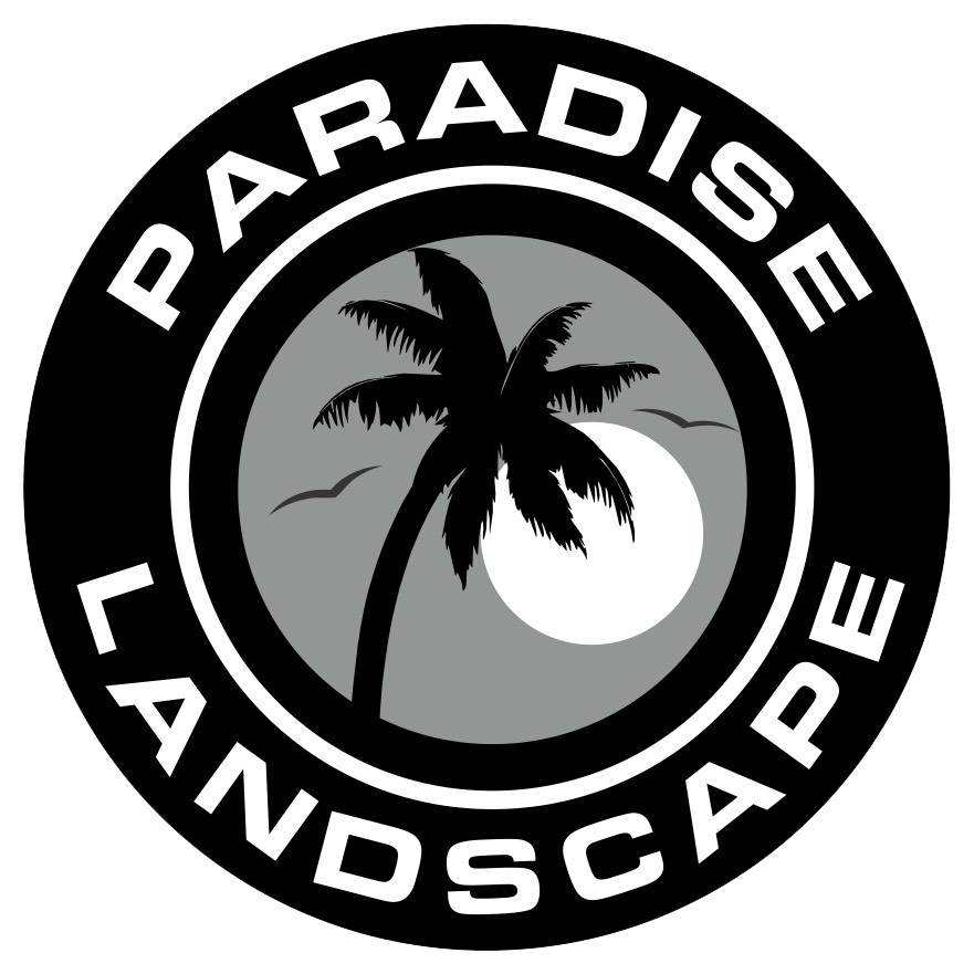 Paradise Landscape logo: black and white circular design with palm tree silhouette, sun, and text.