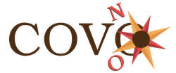 Logo per COVO, con grafica a forma di rosa dei venti, colori marrone e rosso.