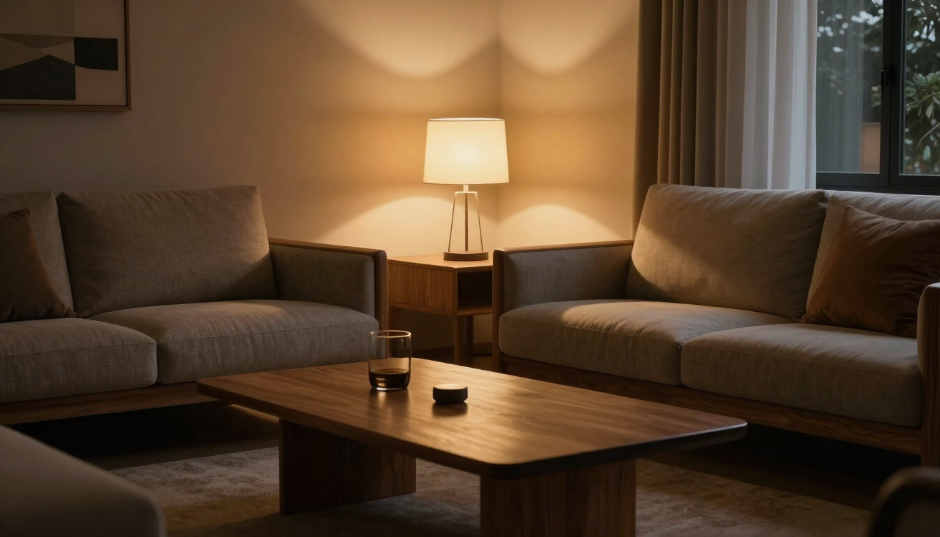 Cozy living room with two gray sofas, a wooden coffee table, and a lit floor lamp by the window.