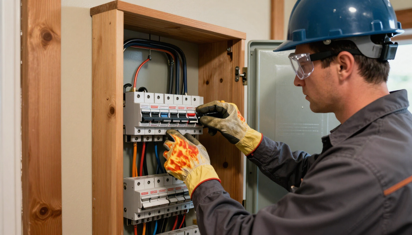 Electrician wearing hard hat and gloves inspecting circuit breakers in an open electrical panel.