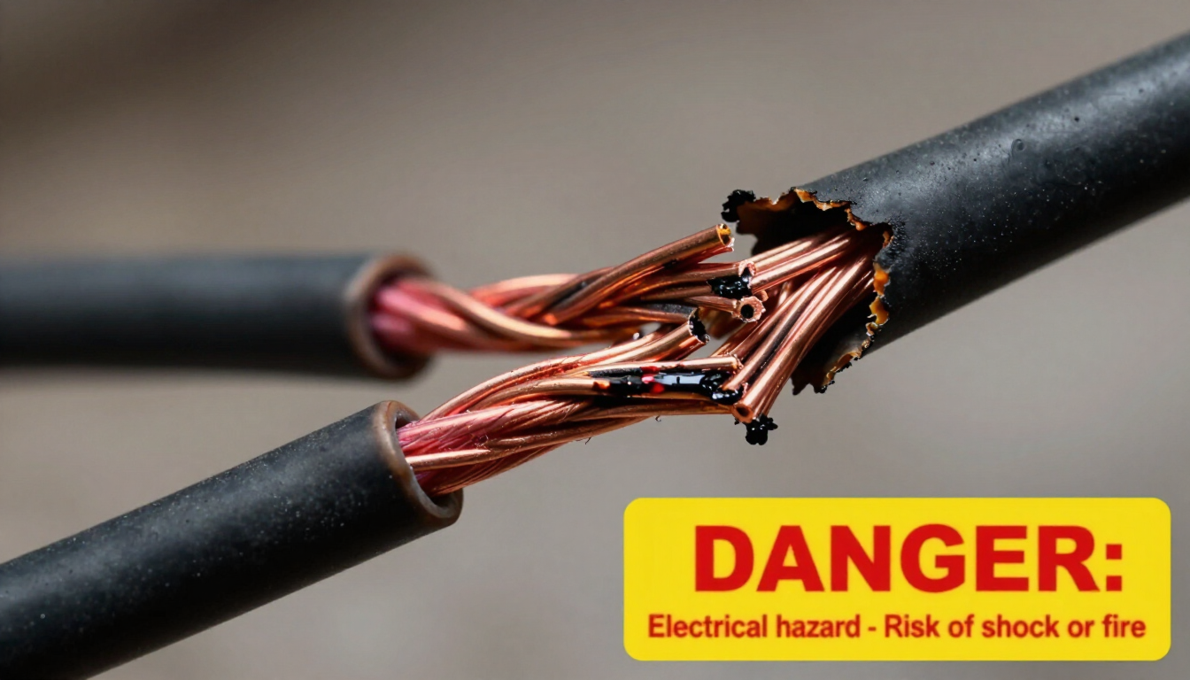 Damaged electrical cable with exposed copper wires and warning label: “DANGER: Electrical hazard.”