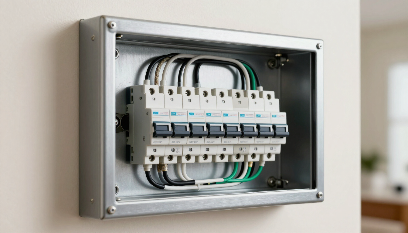 Modern residential electrical panel with circuit breakers.