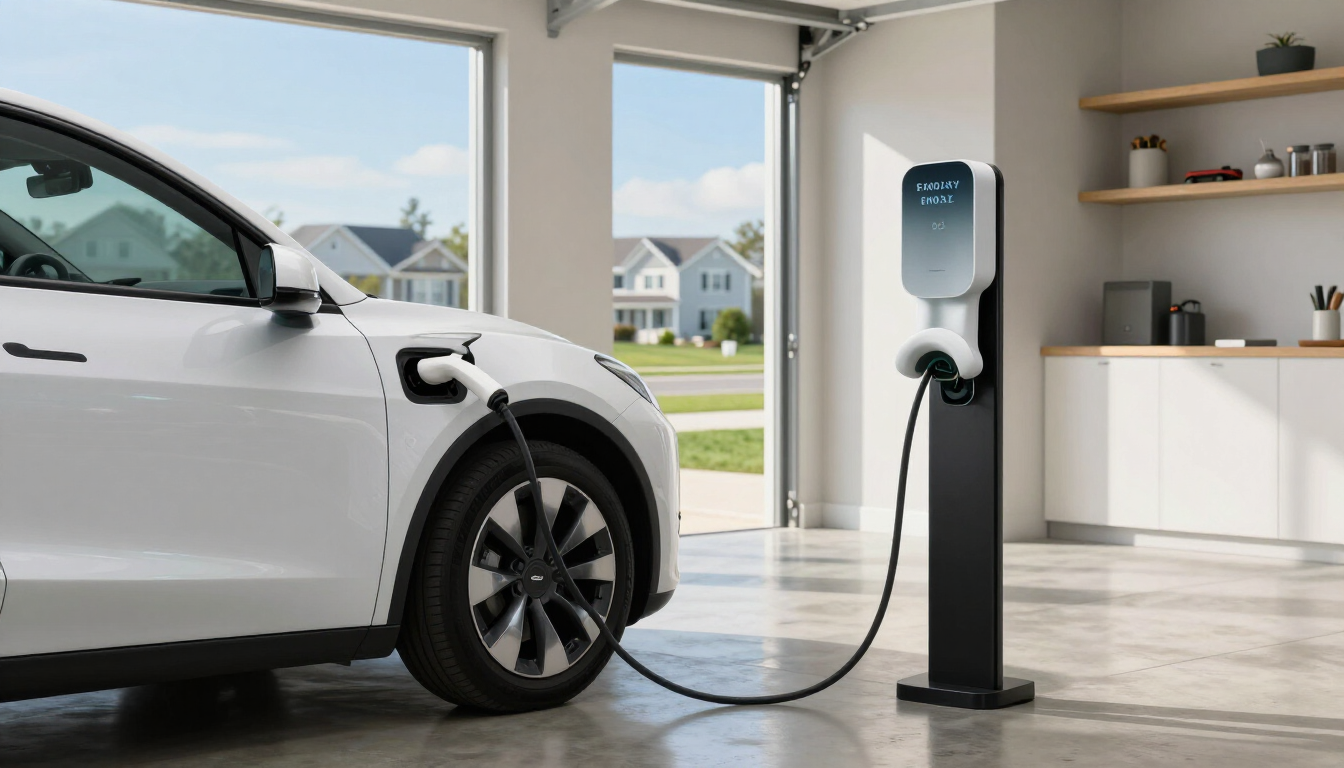 White electric SUV charging beside a home wall charger in a bright garage