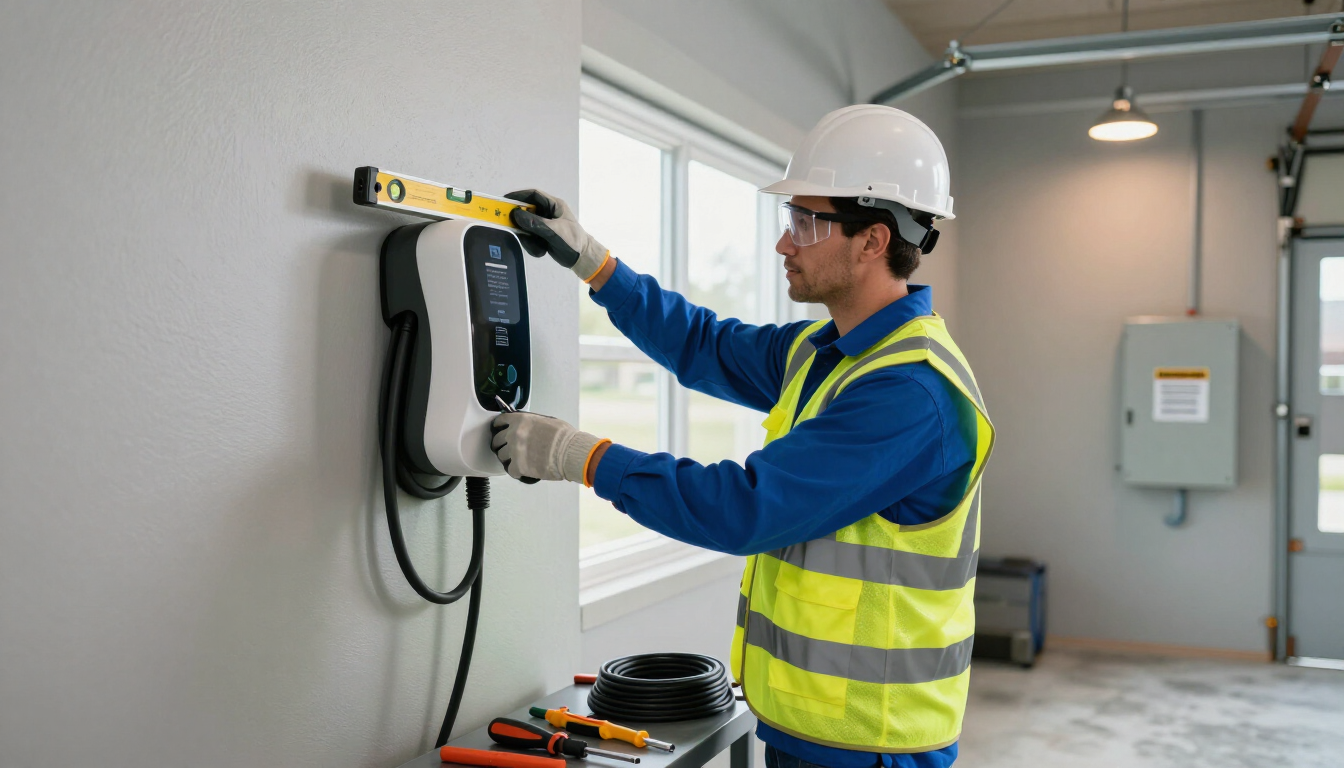 Worker in hard hat installing a wall-mounted EV charger in a garage.