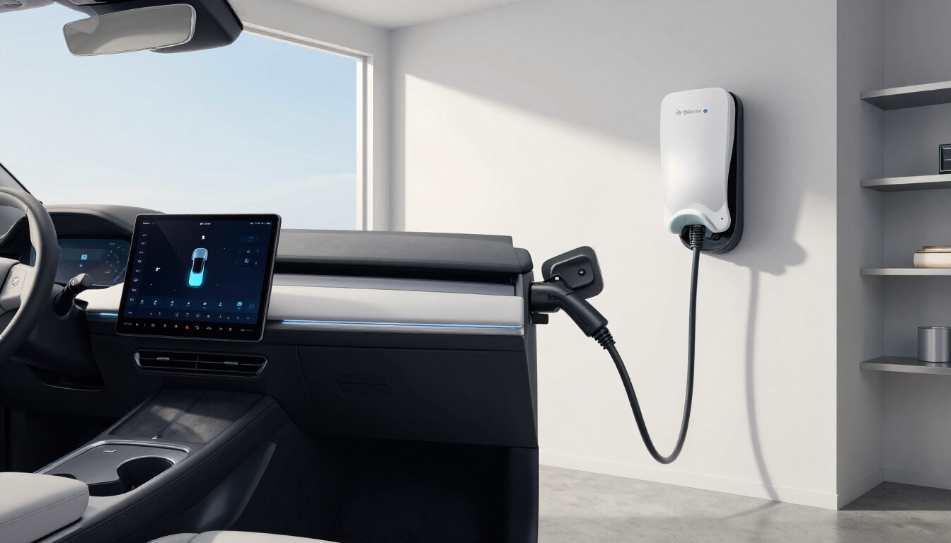 Electric vehicle charging in a modern garage beside a parked car with a dashboard display.